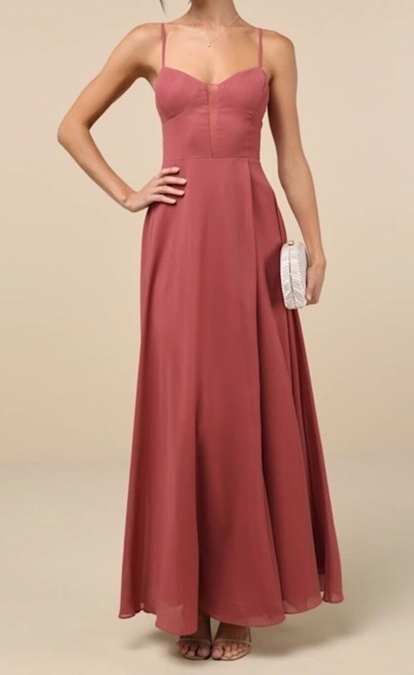 Lulu's Sheer Plunge A-Line Maxi Dress S Mauve Pink Wedding Guest Formal Event